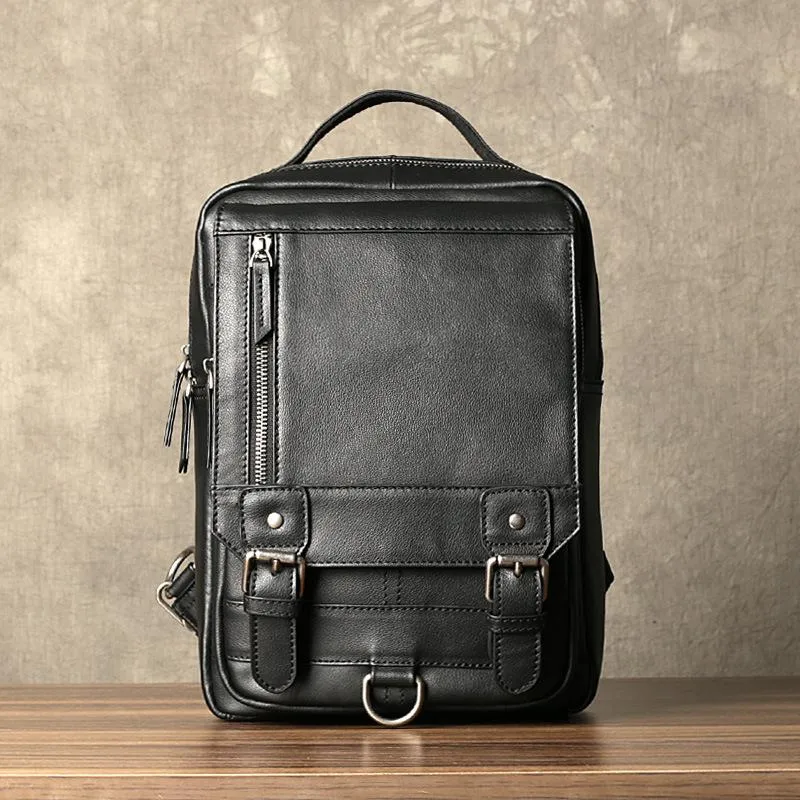 Black Leather Men's 10 inches Sling Bag Computer Backpack Black Travel Backpack Black Sling Pack For Men