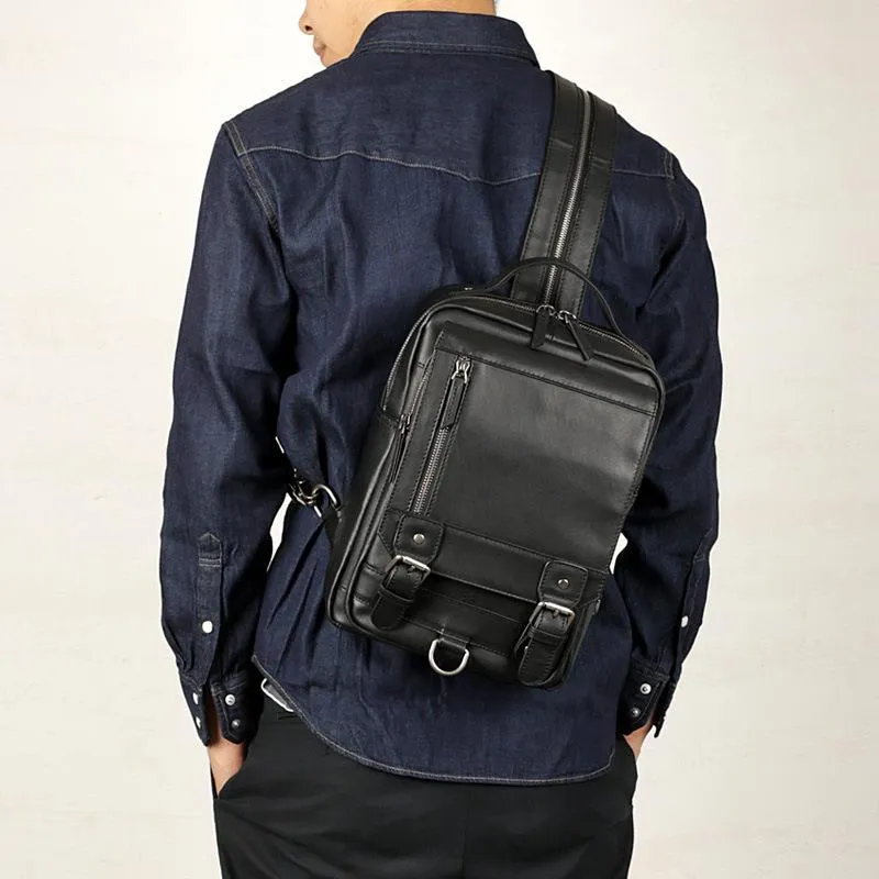 Black Leather Men's 10 inches Sling Bag Computer Backpack Black Travel Backpack Black Sling Pack For Men