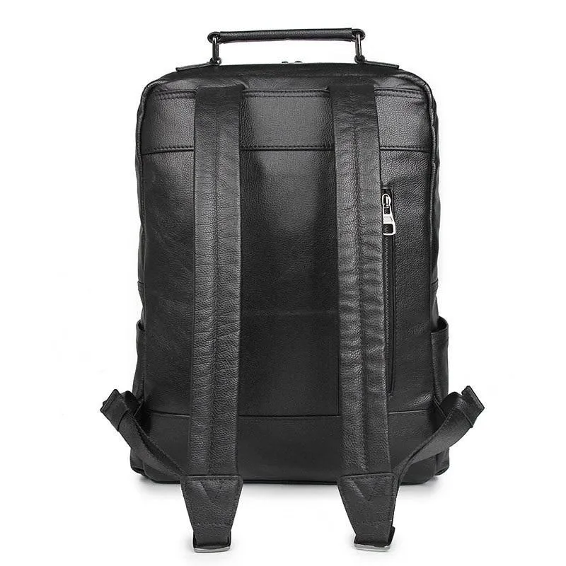 Black Leather Men's 14 inches Large Computer Backpack Black Large Travel Backpack Black Large College Backpack For Men