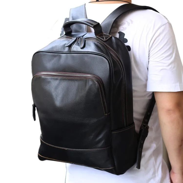 Black Leather Men's 15 inches Computer Backpack Travel Backpack Black Large College Backpack For Men