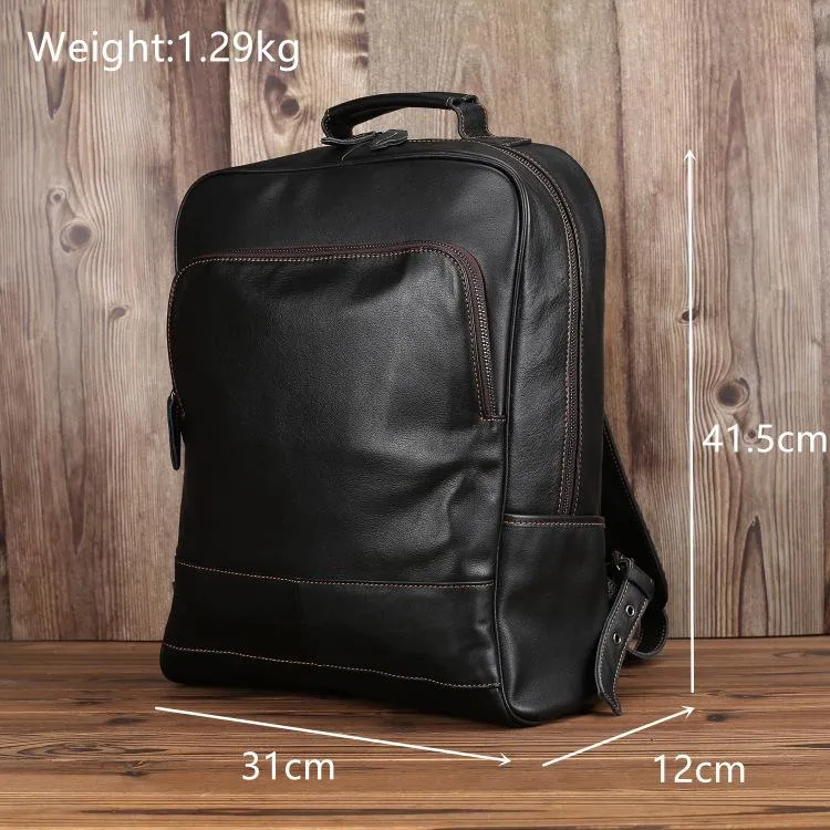 Black Leather Men's 15 inches Computer Backpack Travel Backpack Black Large College Backpack For Men