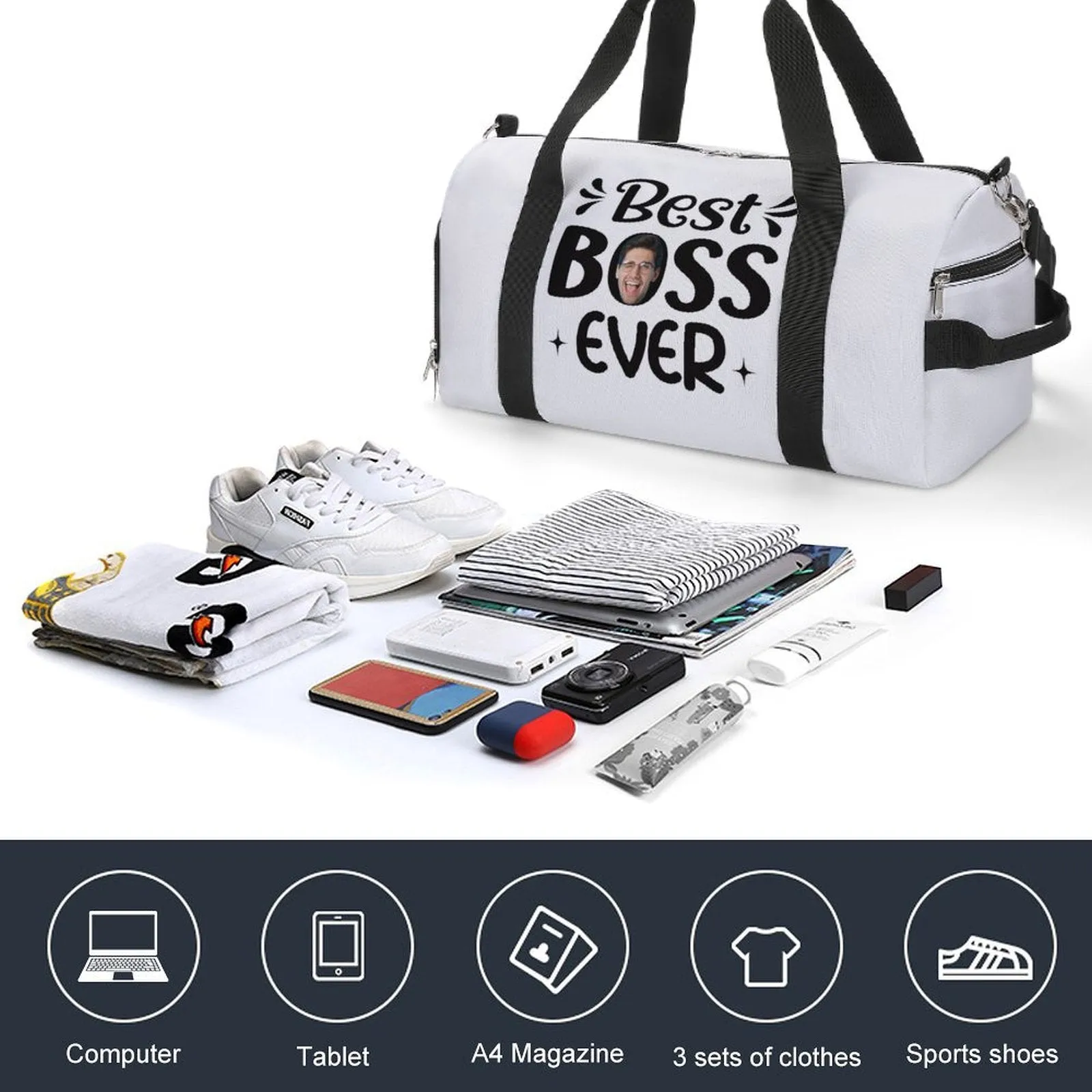 Custom Boss Face Hat  Best Boss Ever Photo Shirt and Personalized Duffel Bag for Company for Team Building for Business