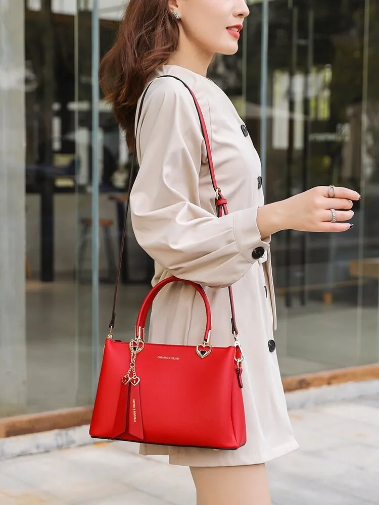 Cute Red Minimalist Solid Color Luxury Genuine Leather Handle Handheld Handbag for Women, Shoulder Bag, Crossbody Bag, Messenger Bag