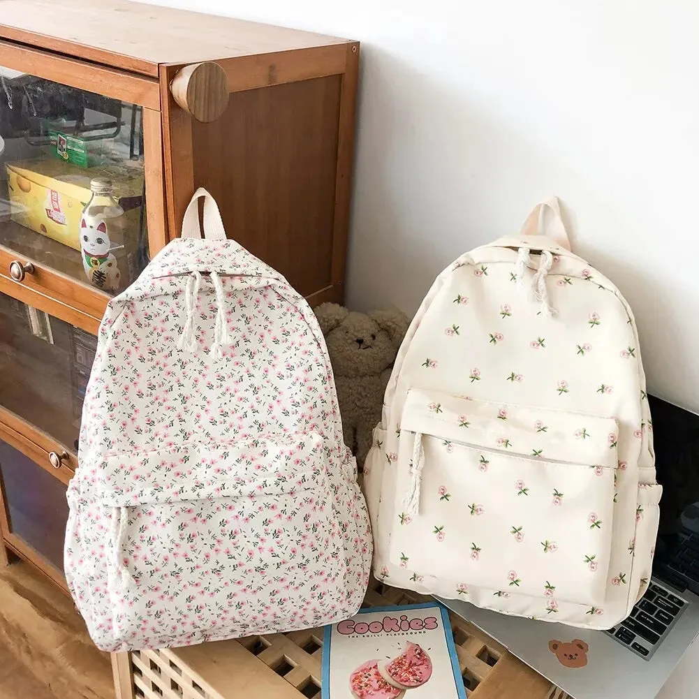 Floral White Nylon Backpack for Students – Stylish Casual Rucksack