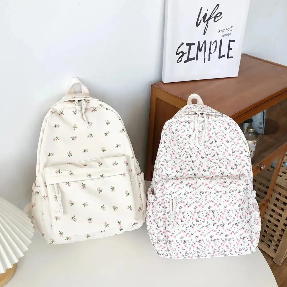 Floral White Nylon Backpack for Students – Stylish Casual Rucksack