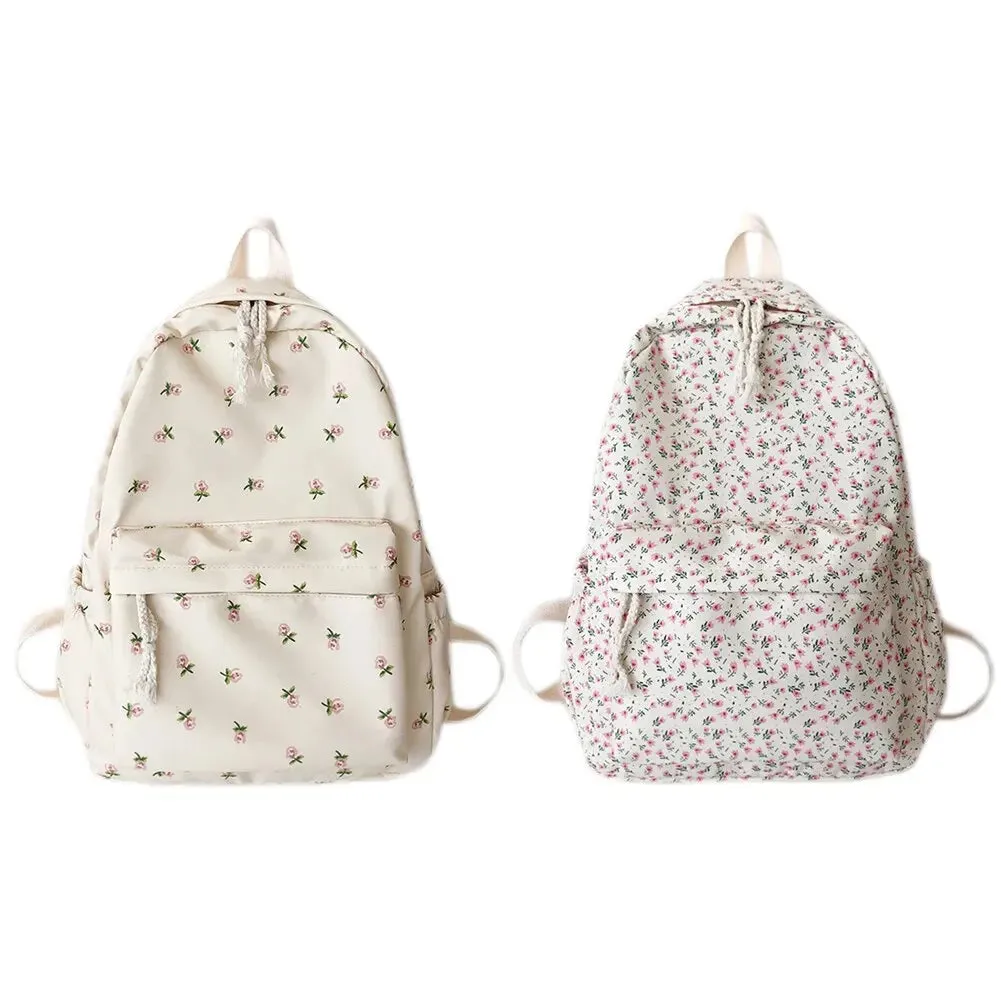 Floral White Nylon Backpack for Students – Stylish Casual Rucksack