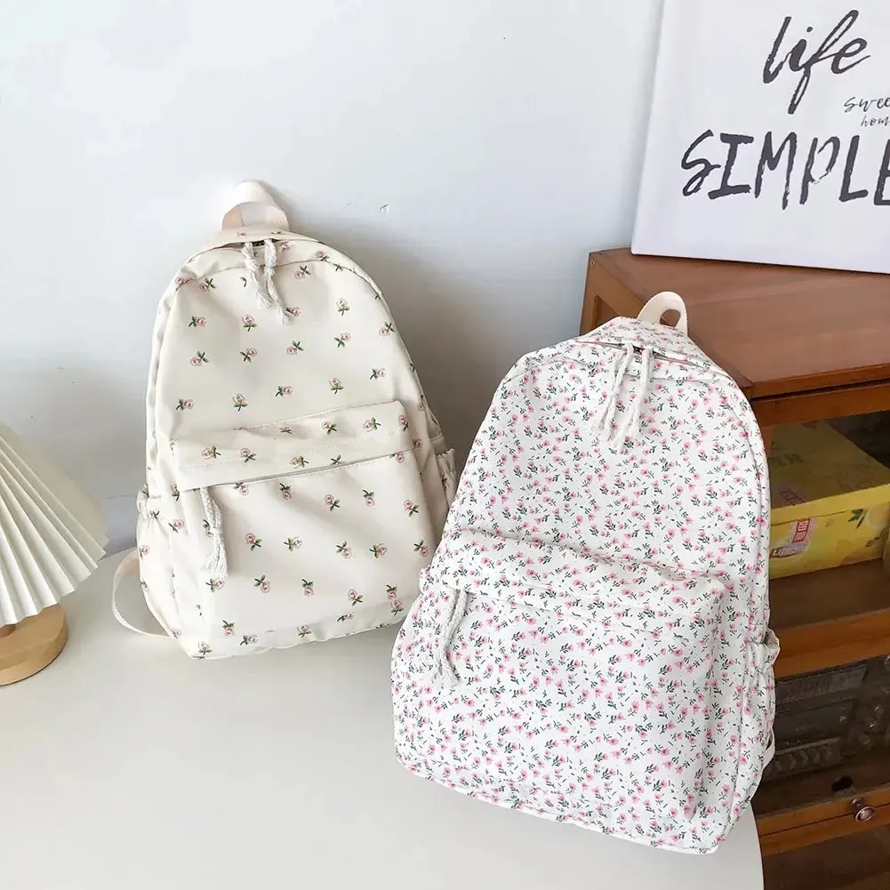 Floral White Nylon Backpack for Students – Stylish Casual Rucksack