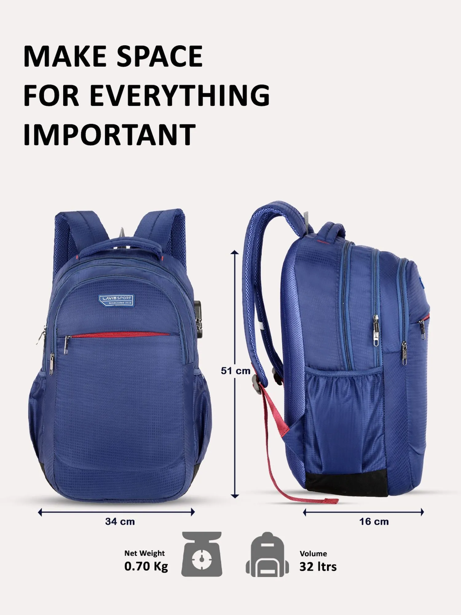 Lavie Sport Graphene 32L Laptop Backpack For Men & Women Navy