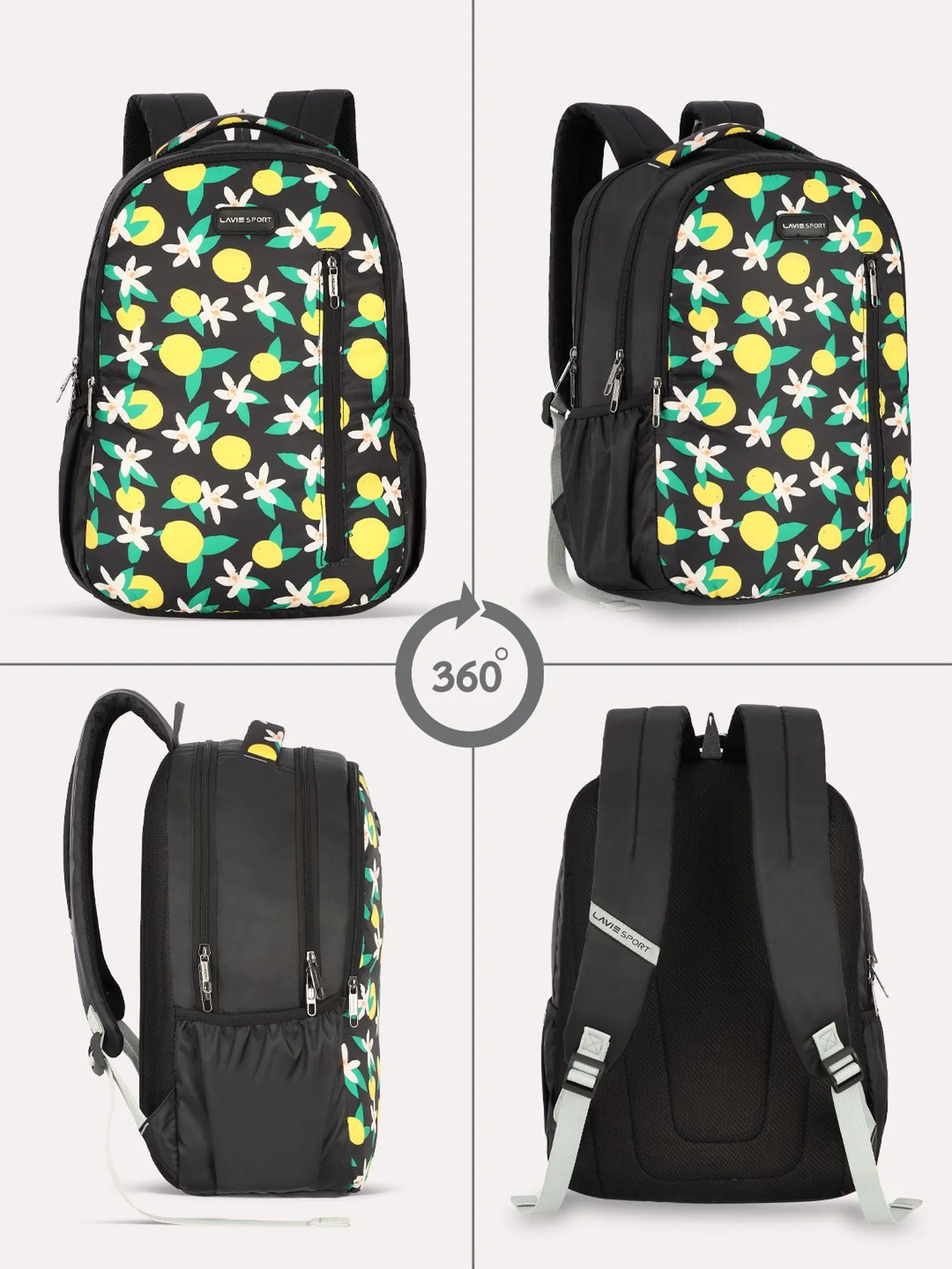 Lavie Sport Lime 26L Floral Printed School Backpack for Girls Black