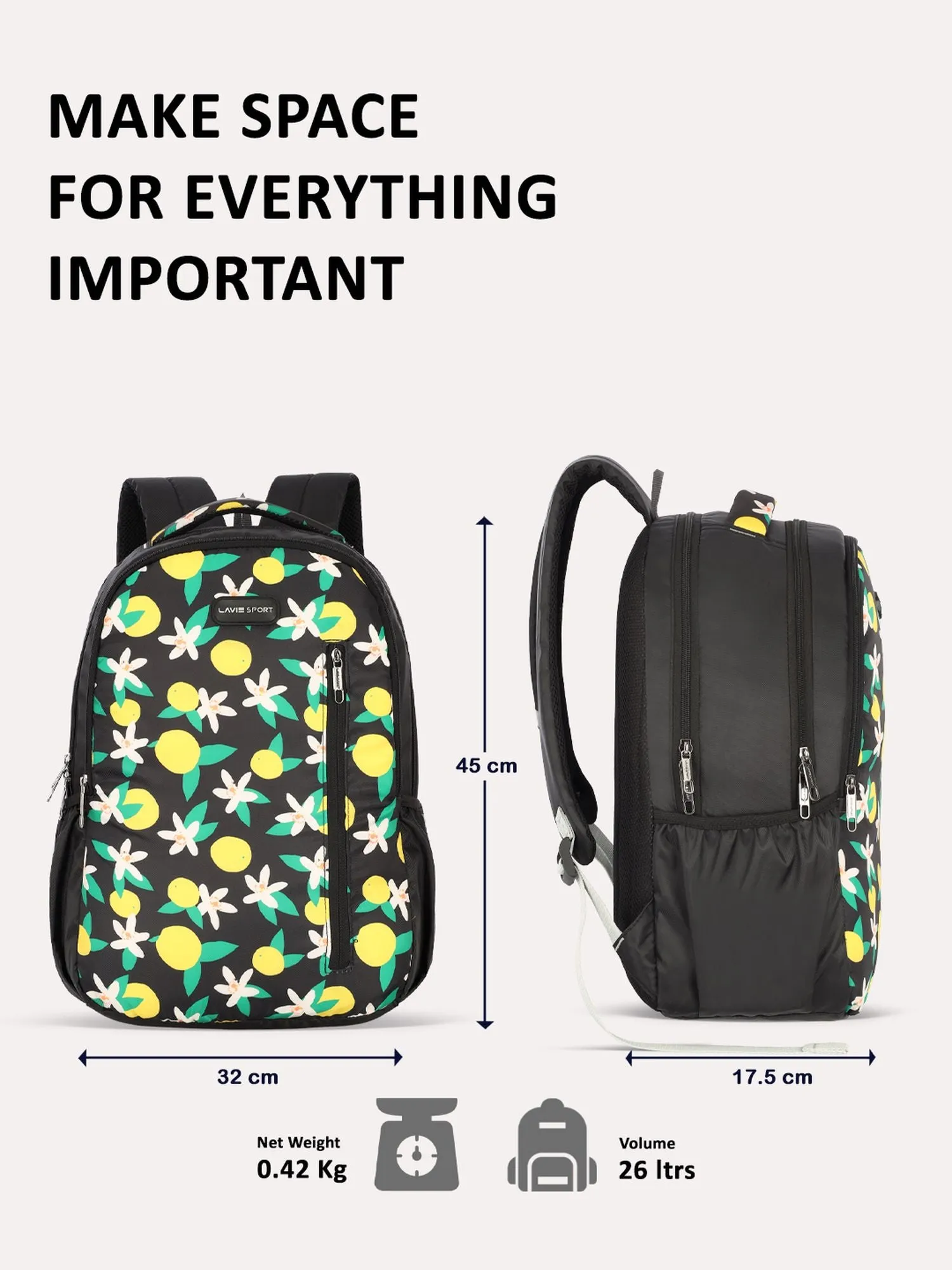 Lavie Sport Lime 26L Floral Printed School Backpack for Girls Black