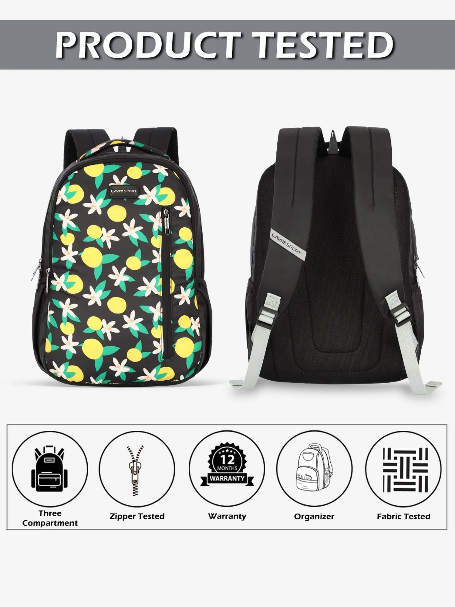 Lavie Sport Lime 26L Floral Printed School Backpack for Girls Black