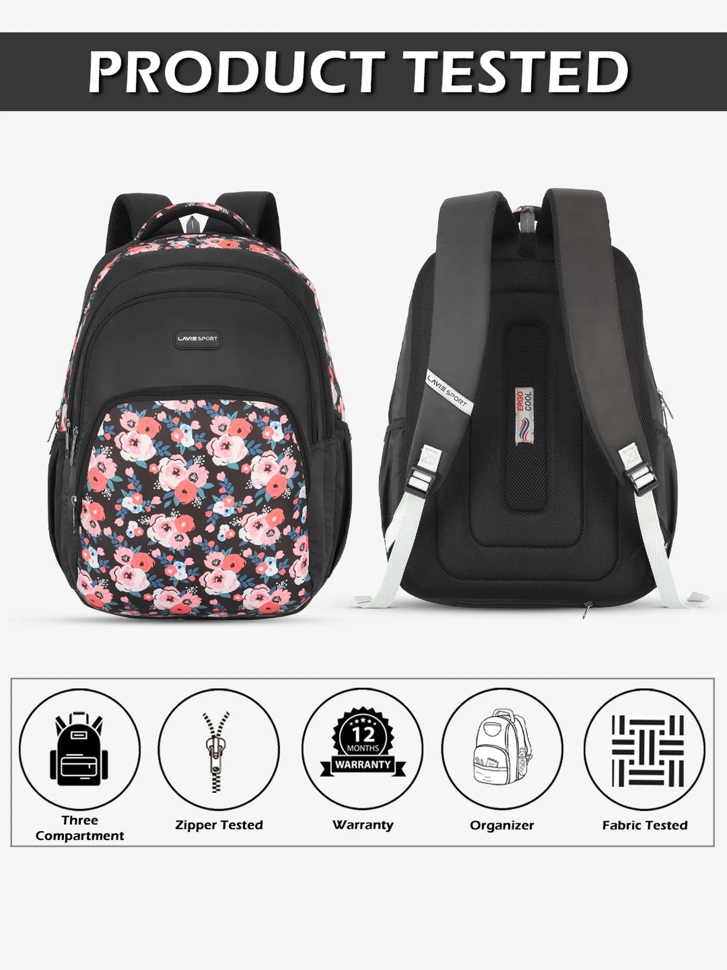 Lavie Sport Rosette 39L Printed School Backpack with Rain cover for Girls Black