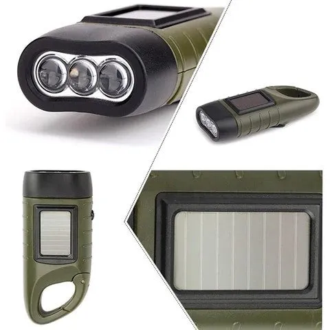 Solar Hand Crank Flashlight Holds 1 Hour of Light, With Carabiner Clip