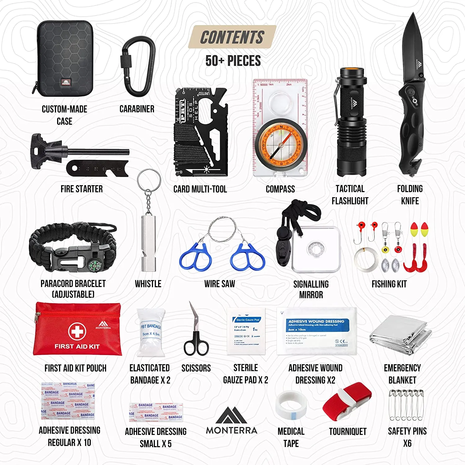 Survival Kit by MONTERRA, 50 Pcs, Survival Gear and Equipment, Camping Accessories,Tactical Gear, First Aid Kit, Emergency Kit, Cool Gadgets for Men, EDC Gear, Bugout Bag, Hiking Gear, Gifts for Men.