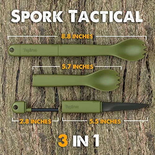 Tapirus Spork Tactical Green | BPA Free Spoon Fork, Stainless Steel Knife and Fire Starter | 3 in 1 multipurpose utensil | Outdoor hiking, camping & backpacking gear | Fit for MRE