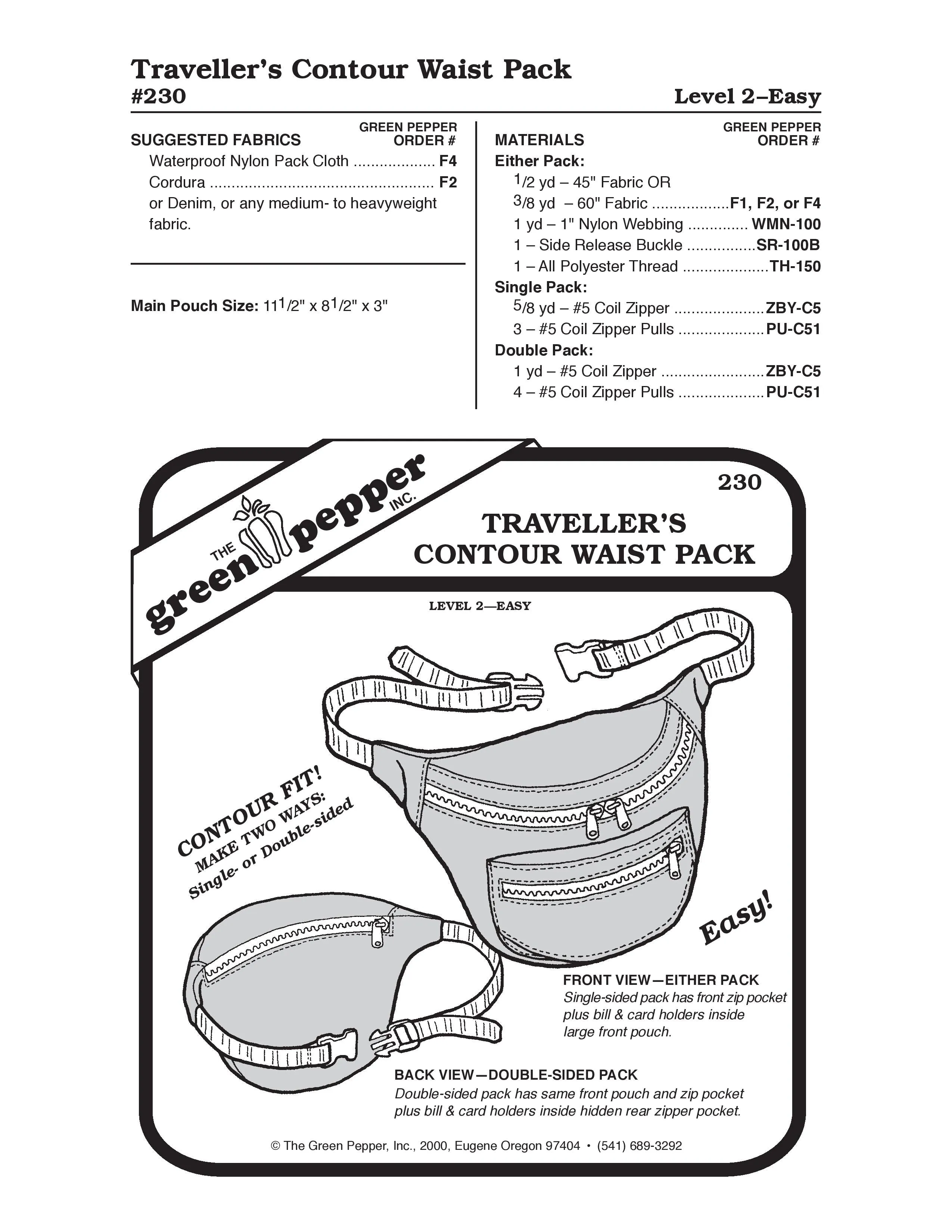 Traveler's Contour Waist Pack Sewing Pattern (Sold per Each)